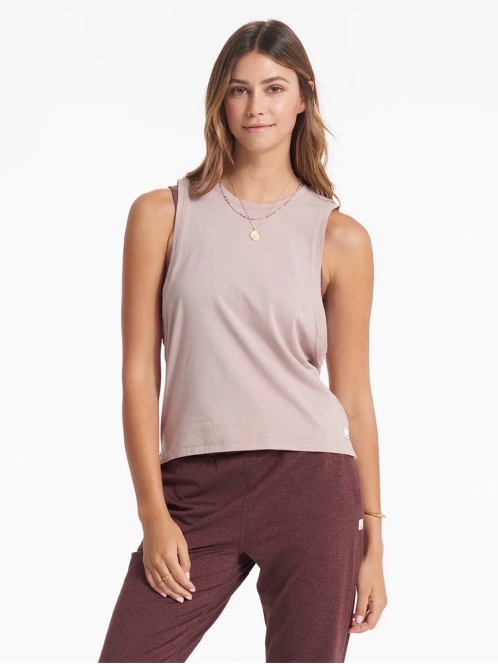 Vuori Crop Muscle Tank in Mauve Pink